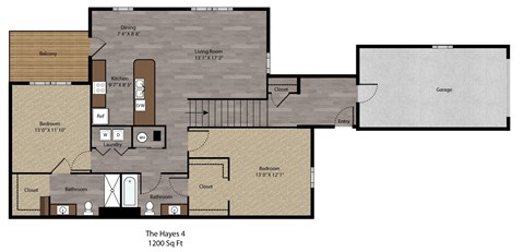 Floor plan for 2 beds, 2 baths, 1200 sqft